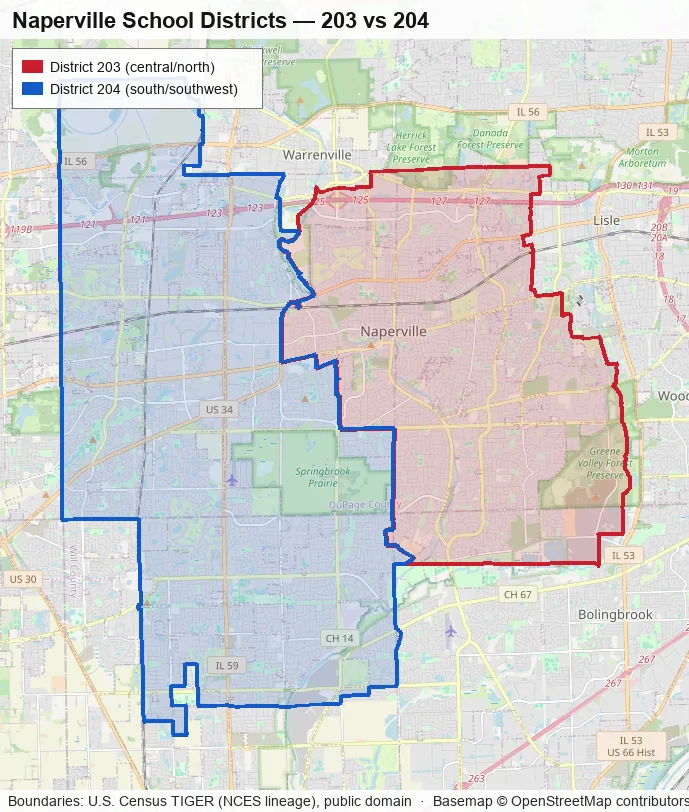Map of Naperville showing the District 203 and District 204 boundary line running through town