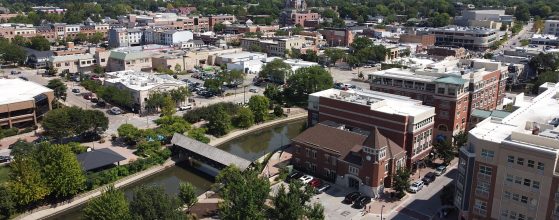 Aerial of downtown Naperville and the Riverwalk, DuPage County